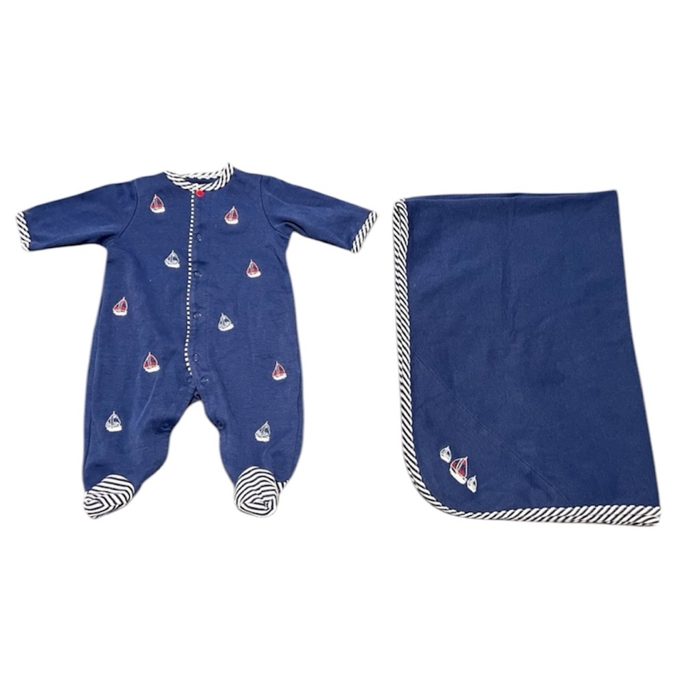 Little Me Navy Blue Sailboat Embroidered Newborn Sleeper with Blanket Baby Boys